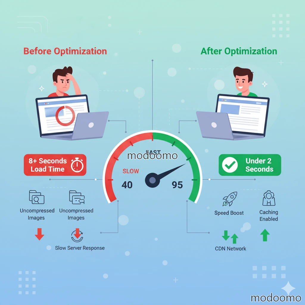 웹사이트 로딩 속도 개선 전후 비교, 느린 8초에서 빠른 2초로 최적화된 페이지 로딩 성능과 사용자 만족도 향상