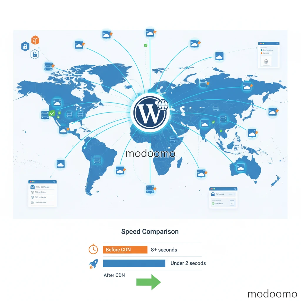 WordPress 웹사이트와 Cloudflare CDN 연결 설정 과정, 전 세계 서버 네트워크 분산과 속도 개선을 보여주는 기술 구성도