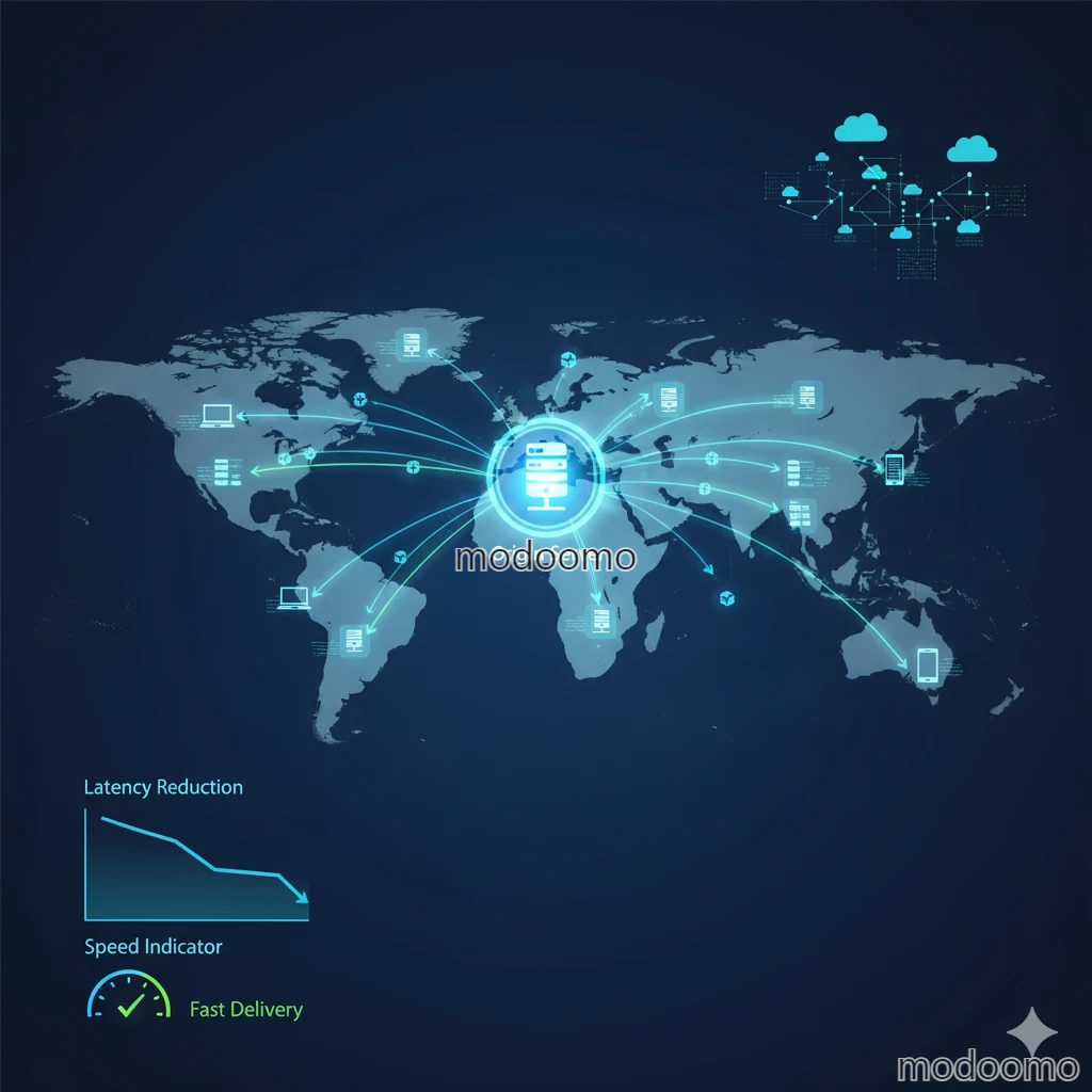 CDN 콘텐츠 전송 네트워크 개념도, 전 세계 분산된 서버에서 사용자에게 빠르게 콘텐츠를 전달하는 구조와 원리 설명