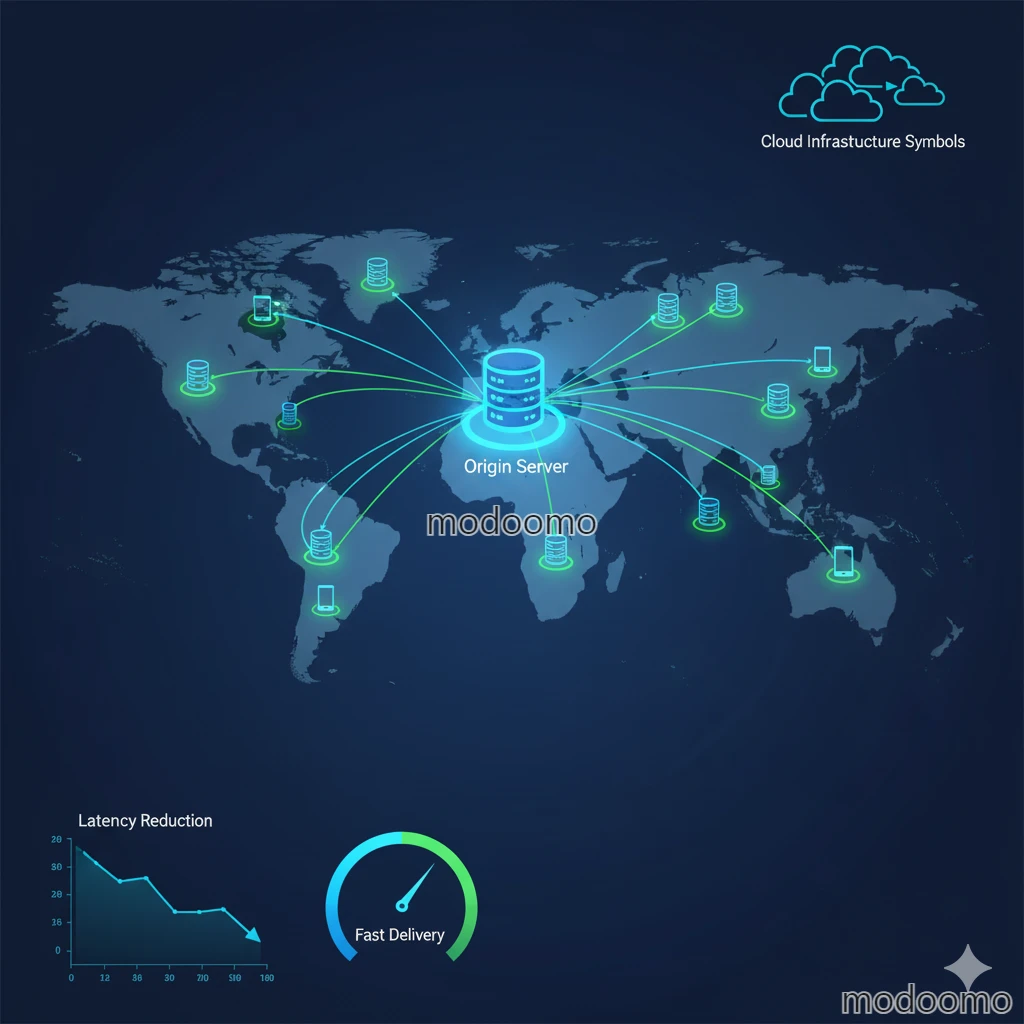 CDN 콘텐츠 전송 네트워크 개념도, 전 세계 분산된 서버에서 사용자에게 빠르게 콘텐츠를 전달하는 구조와 원리 설명