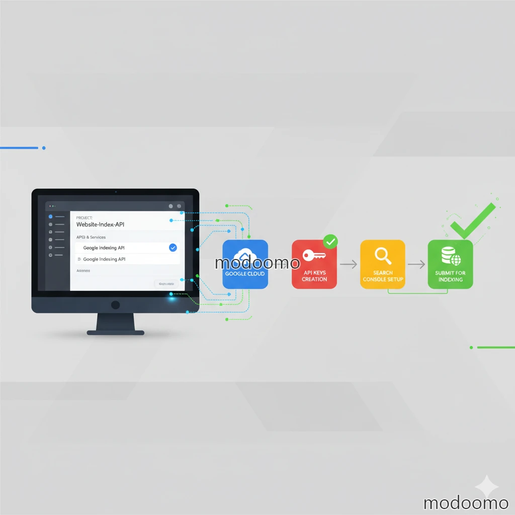 Google Indexing API 설정 단계를 시각적으로 표현한 인포그래픽으로, Google Cloud Console 대시보드와 API 구성 프로세스 흐름도를 보여줌